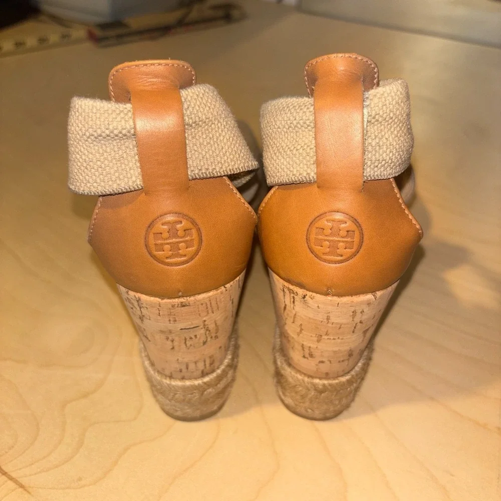 Tory Burch Natanya Espadrille Wedges Women Sz 7 Beige Linen Cork Sandal Spain